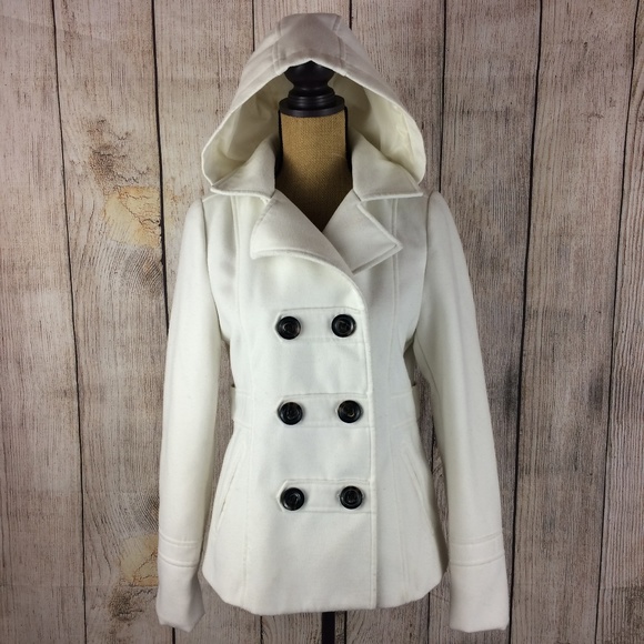 American Rag Jackets & Blazers - American Rag Off White Hooded Button Pea Coat Sz M